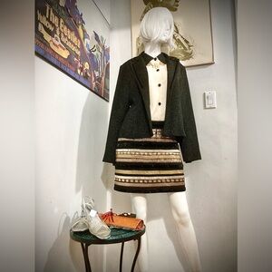 Vintage Chic Party Outfit - Tux Blazer, Blouse, Mini Skirt and Accessories